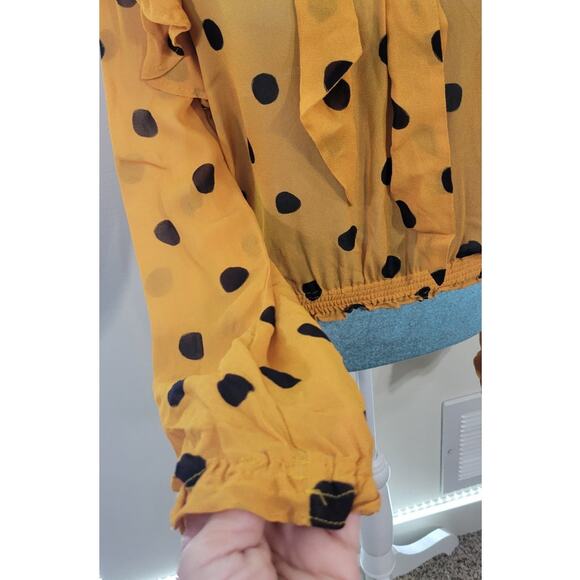 Farm Rio Blouse Womens X-Small Polka Dot Top Yellow & Black Preppy Glam Modern - Picture 6 of 8